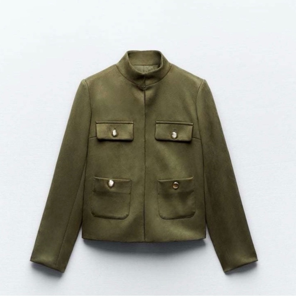 Zara green army green faux suede jacket gold buttons size medium